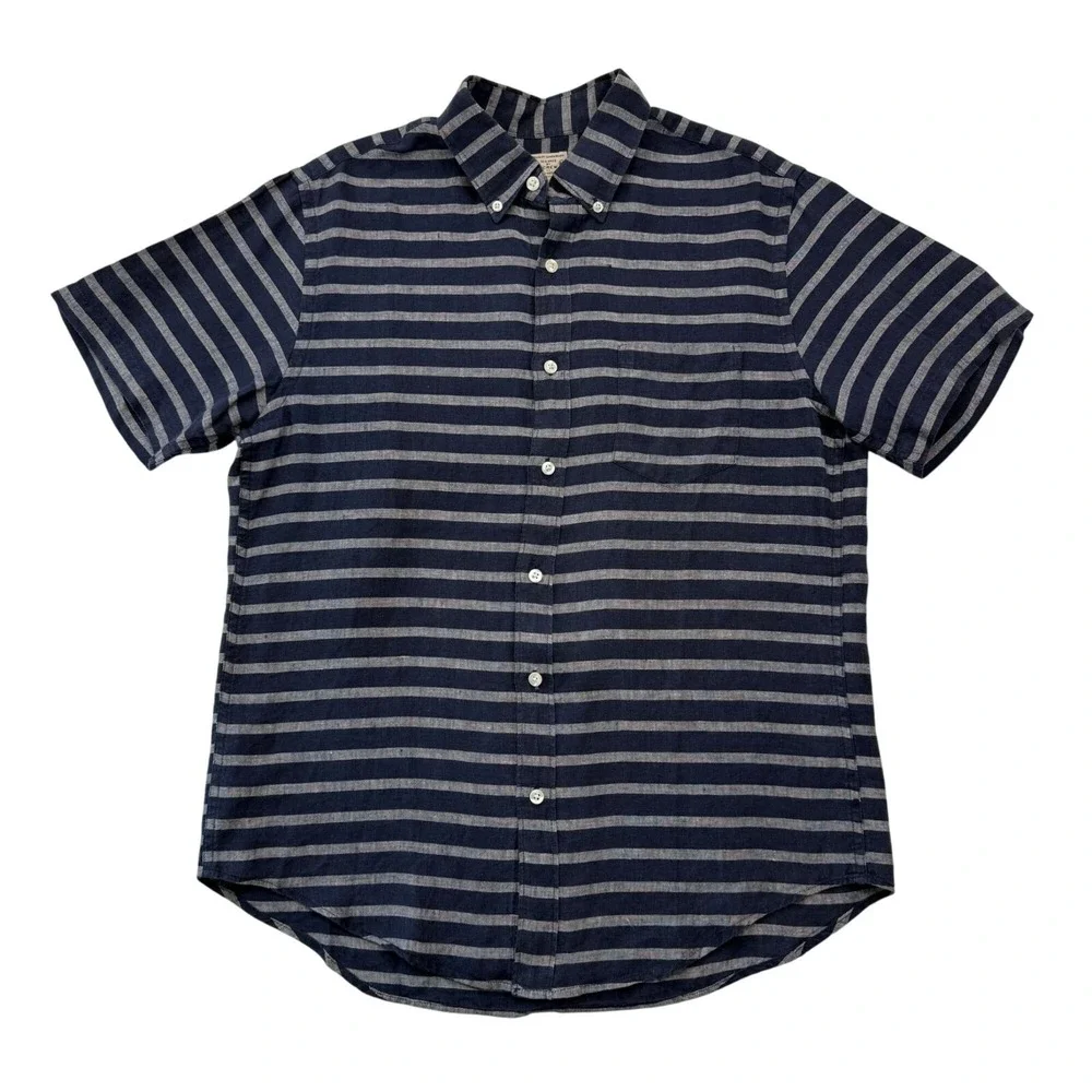 J.Crew 100% Linen Button Down Shirt SS Blue Gray Stripe Fisherman Coastal Mens M